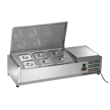 Refrigerated topping rails for food service with six compartments and a lid, ideal for commercial kitchen use.