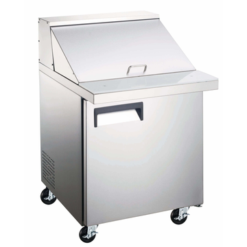 Refrigerated prep tables for kitchens with a sleek stainless steel design, ideal for efficient food preparation.
