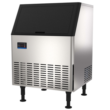 Commercial ice makers with built-in bin, stainless steel design with an integrated storage bin for ice.