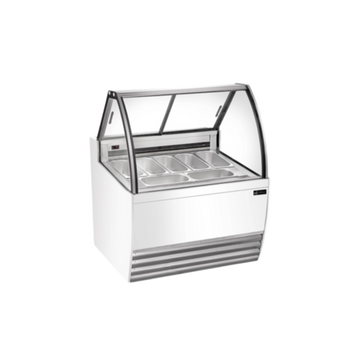 Commercial gelato display cases with curved glass for optimal product presentation.