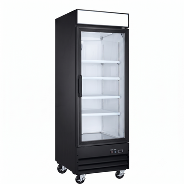 Commercial glass door freezer with glass display and shelving for easy product visibility.