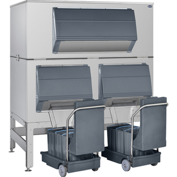 Ice shuttle systems for bulk storage featuring insulated storage and carts for efficient ice handling.