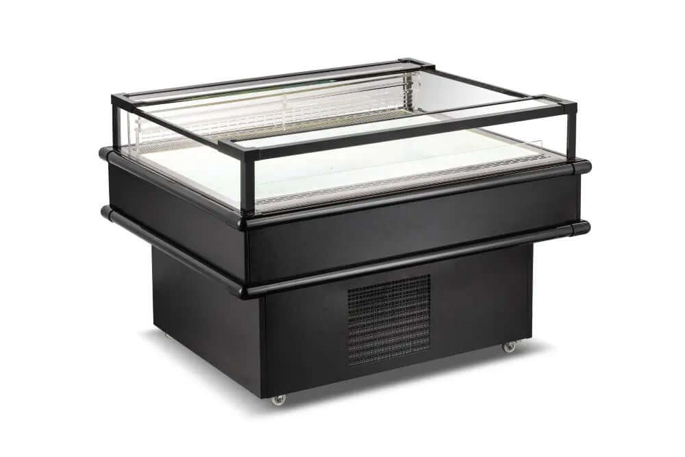 CM-1200C refrigerated island display in sleek black design with open-top layout for visibility.