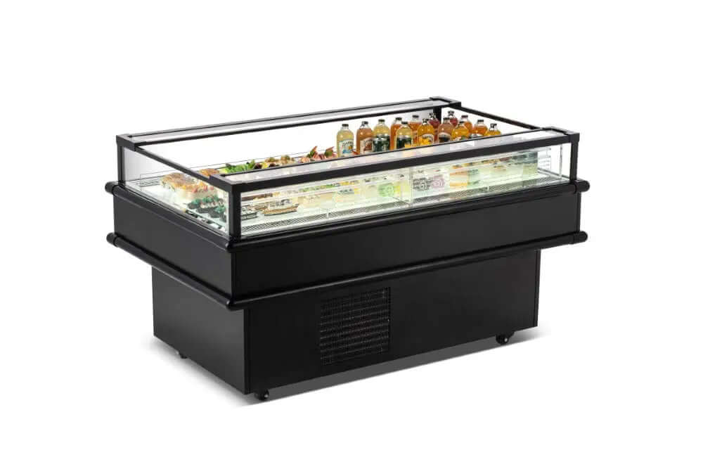 CM-1500C Refrigerated Island Display - 61.2 inch showcasing beverages and snacks.