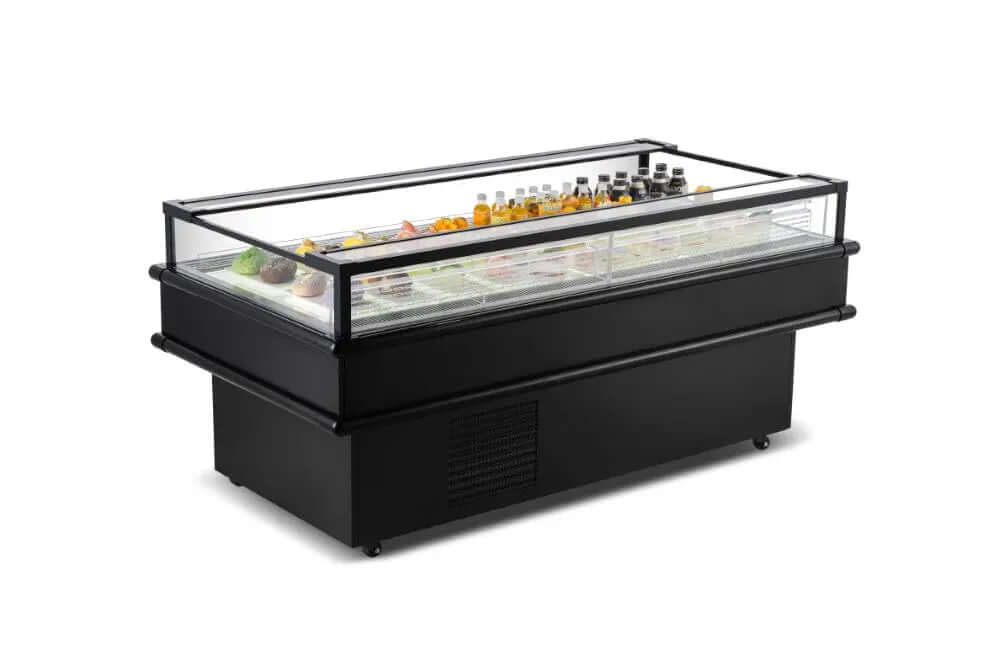 CM-1800C Refrigerated Island Display showcasing chilled beverages and salads in a modern retail setting.