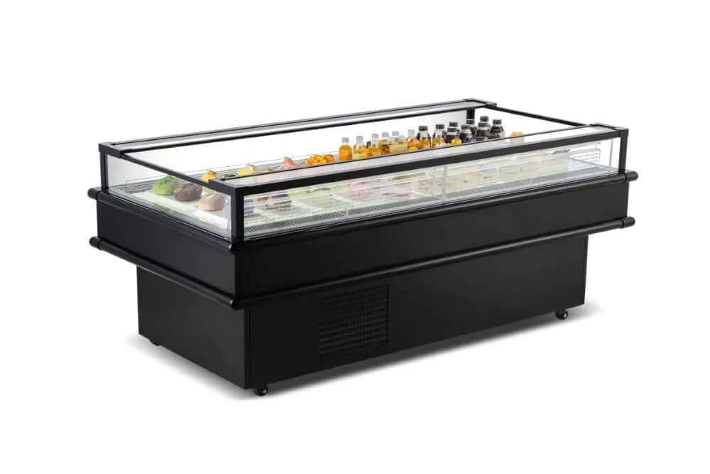CM-2100C 85 inch refrigerated island display showing beverages and food items in an open-top design.