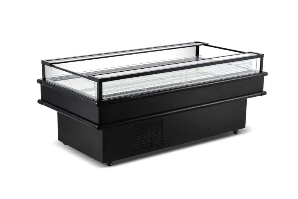 CM-2100C 85 inch refrigerated island display with sleek design and double-tempered glass for merchandising items.