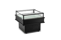 CM-900C Refrigerated Island Display Cooler showcasing snacks and beverages with double-tempered glass, 37.5 inches wide.