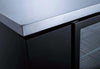Close-up view of the UBB-24-48G-HC back bar glass door cooler's sleek stainless steel top and glass doors.