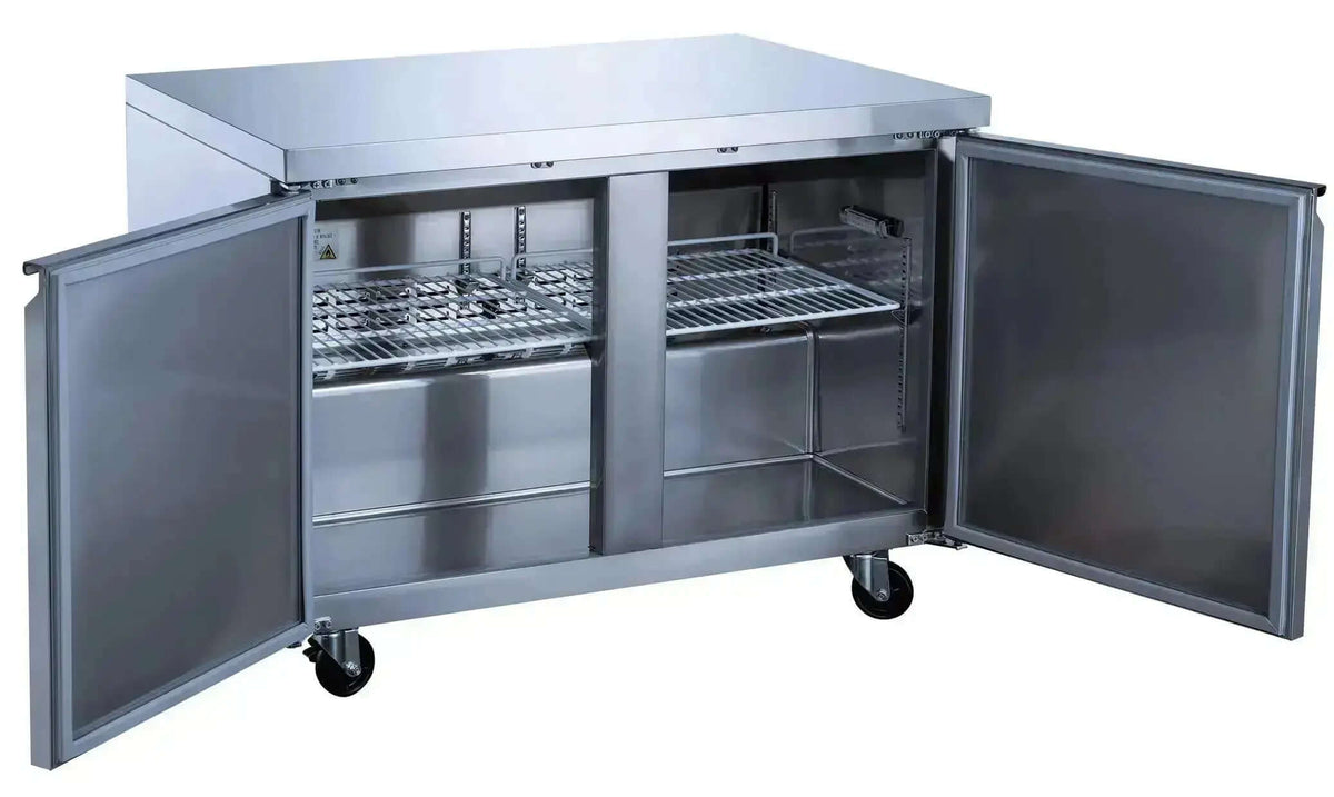 UUC36R Two Solid Door Under Counter Cooler - 36 inch under counter cooler with open doors and shelves.