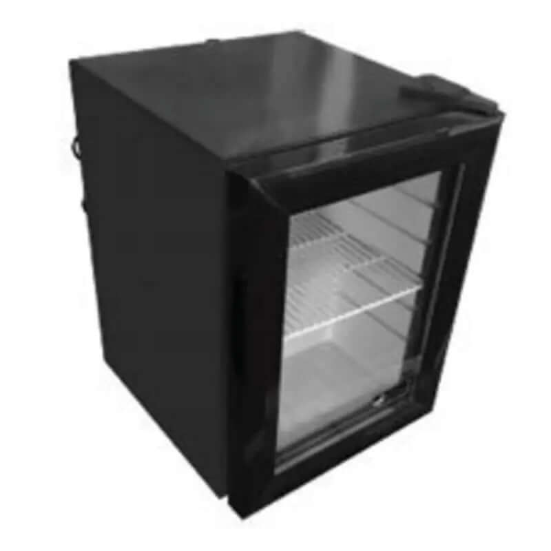 EFI C1-21GDCT countertop glass door display refrigerator showcasing snacks and beverages with a sleek black design.