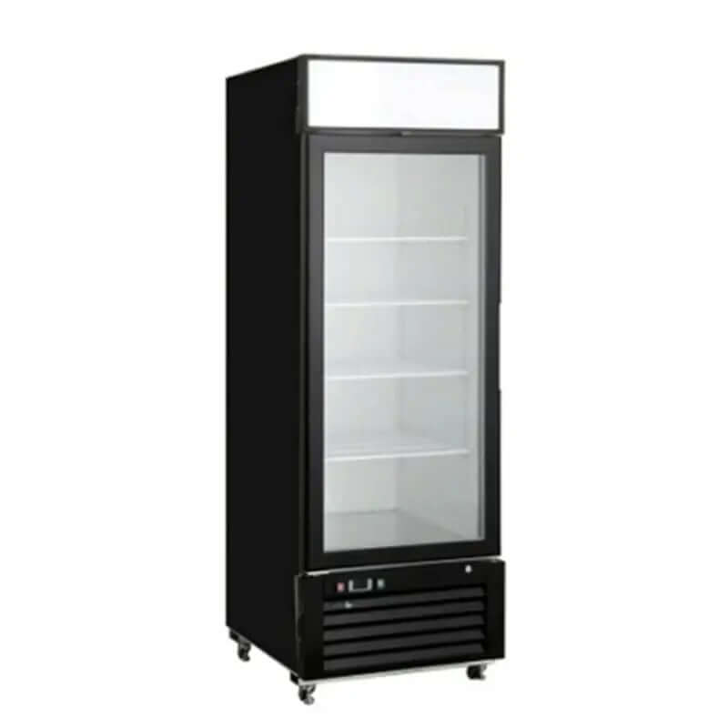 EFI C1-27GDVC glass door commercial refrigerator with LED lighting for showcasing beverages and food items.