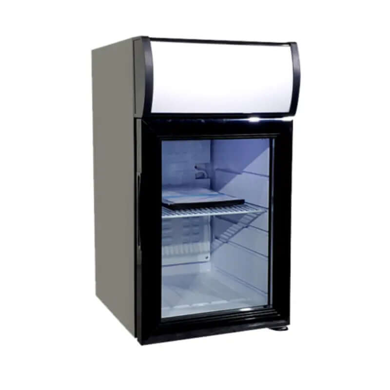 EFI C1-40GDCT-L countertop glass door display refrigerator with LED lighting for product visibility.