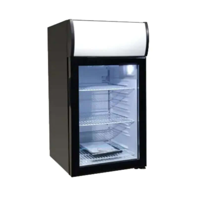 EFI C1-52GDCT-L commercial countertop glass door refrigerator showcasing beverages in a sleek black finish.