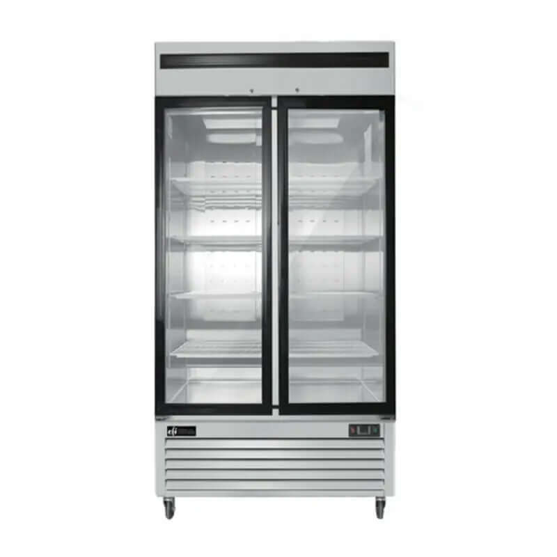EFI C2-39GDSVC commercial bottom mount glass door refrigerator with LED display and spacious interior.