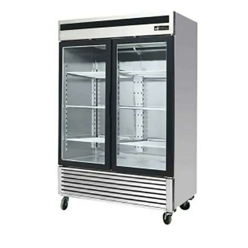 EFI C2-54GDSVC commercial glass door refrigerator with sleek design and glass doors, ideal for displaying beverages and food.