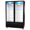 black commercial cooler with glass doors, featuring two swing doors and spacious interior for food preservation.