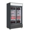 EFI C2S-39GD 39" Glass 2 Door Black Commercial Beverage Cooler displaying various soft drinks.