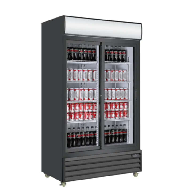EFI C2S-39GD 39" Glass 2 Door Black Commercial Beverage Cooler displaying various soft drinks.