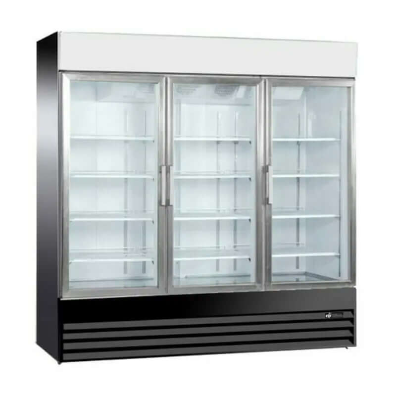 EFI C3-78GDVCX X-LINE 78" 3-Door black glass display cooler for efficient product visibility.