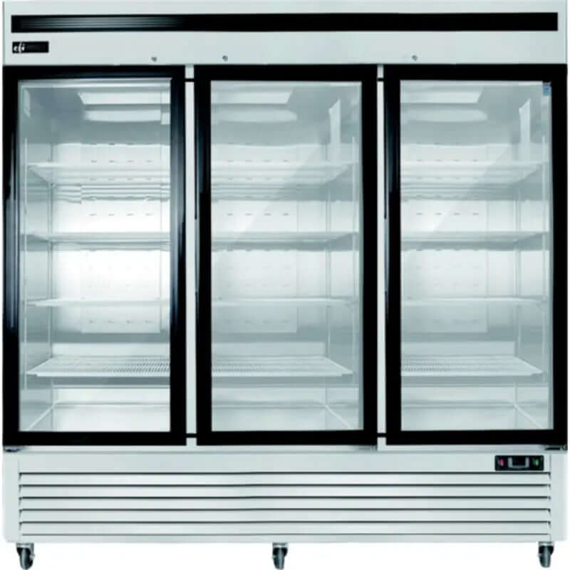 Commercial glass door display refrigerator with triple glass doors and spacious interior for optimal product visibility.
