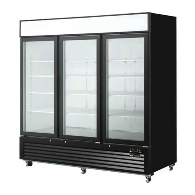 EFI C3-82GDVC glass door merchandiser refrigerator with three glass doors and spacious shelving.