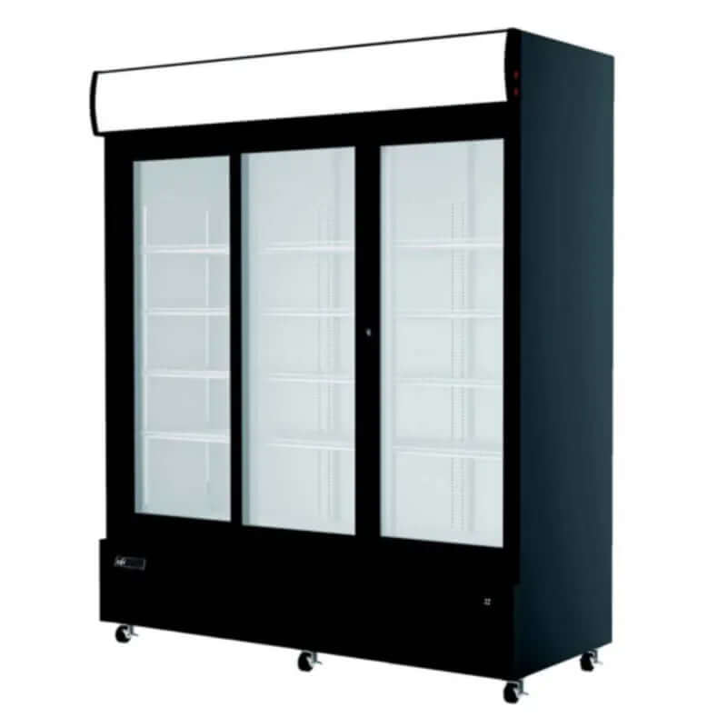 EFI C3S-68GD sliding glass commercial cooler with three doors and LED lighting.