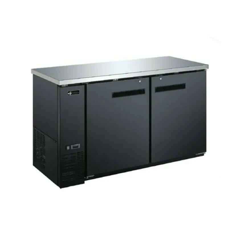 EFI CBBDR2-60CC commercial grade back bar cooler with stainless steel top and two solid doors.
