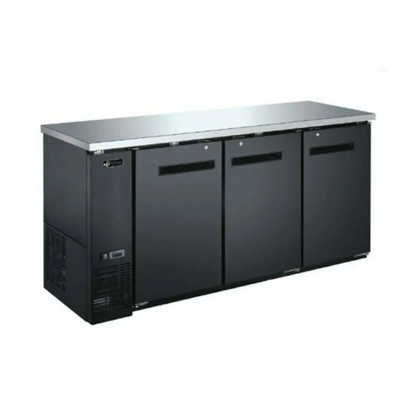EFI CBBDR3-72CC three-door commercial back bar cooler with stainless steel top and black vinyl exterior.