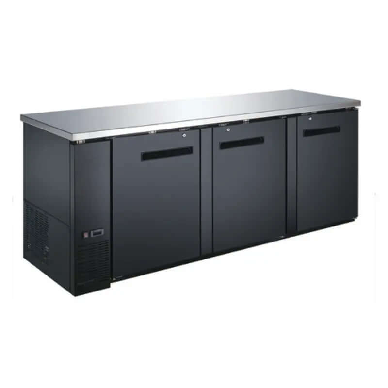 EFI CBBDR3-90CC commercial back bar cooler with solid doors and stainless steel countertop.