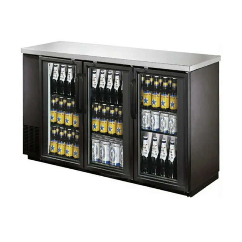 EFI CBBGD3-72CC commercial back bar cooler with glass doors displaying various beverages.