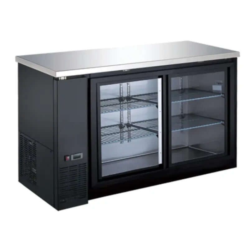 EFI CBBGDS2-60CC back bar sliding glass door cooler refrigerator with stainless steel top and glass doors.