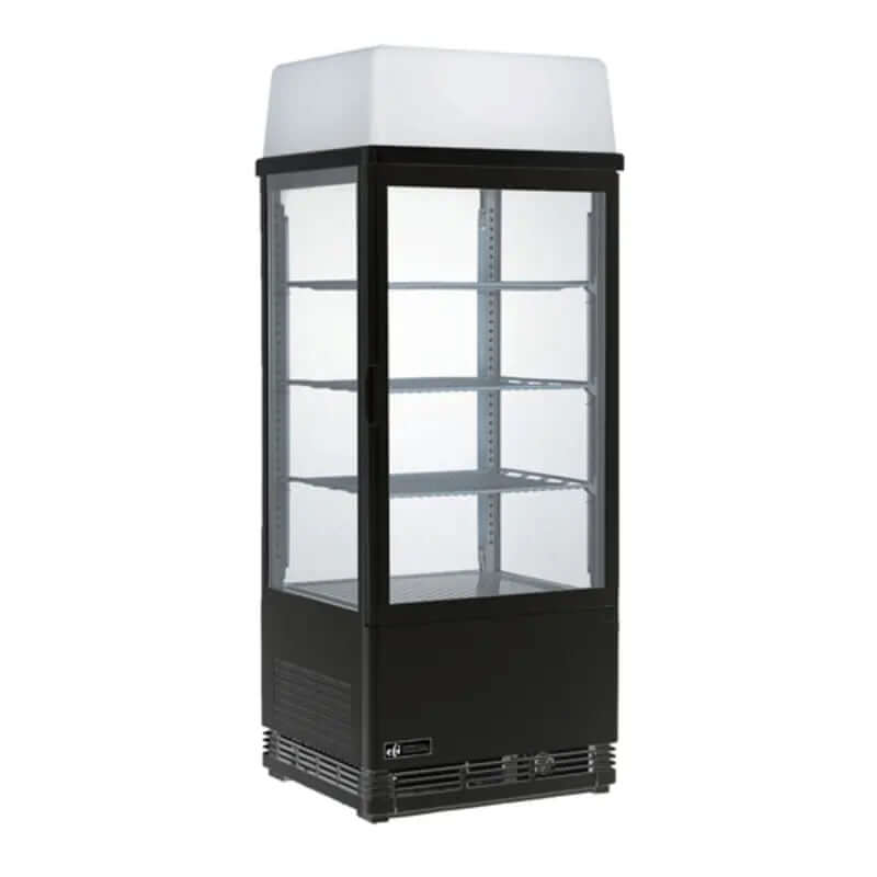 EFI CGCM-1742-B-L square glass refrigerated display case showcasing products with optimal visibility.