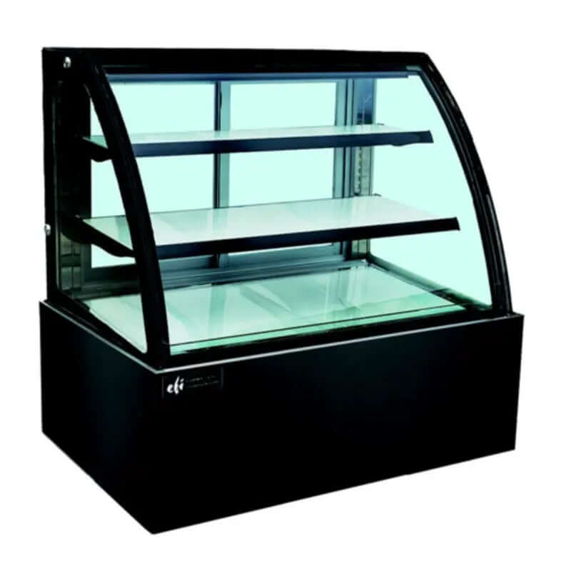 EFI CGCM-7147 Commercial Refrigerated Deli Display Case with black finish and curved glass front.