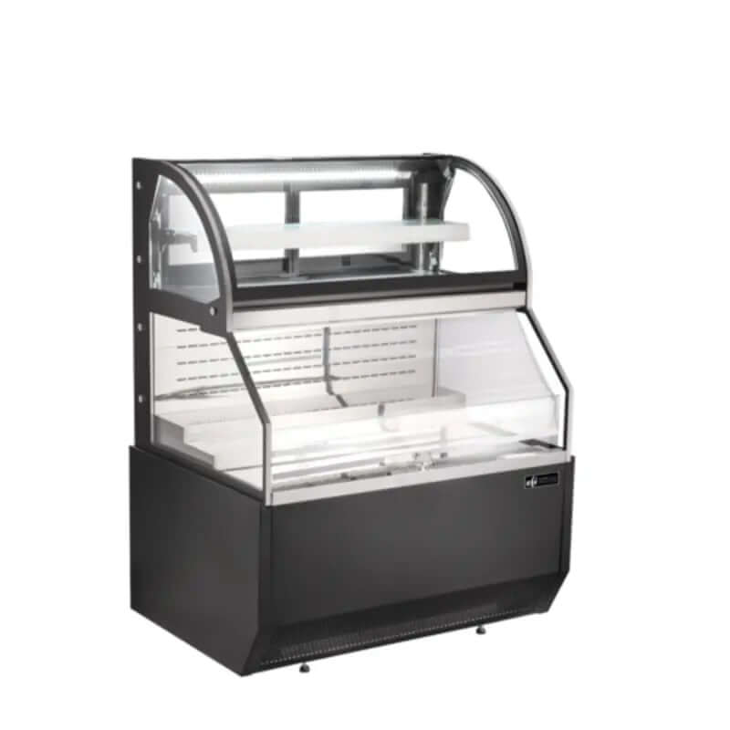 curved open air merchandiser refrigerator showcasing chilled products in a retail space, modern display unit