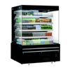 open air refrigerated merchandiser showcasing a variety of beverages in a sleek black design with LED lighting.