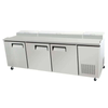 Commercial refrigerated pizza prep table with 3 doors, perfect for pizzerias and sandwich shops.