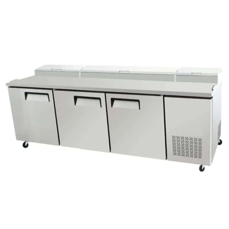 Commercial refrigerated pizza prep table with 3 doors, perfect for pizzerias and sandwich shops.
