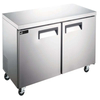 36-inch commercial undercounter refrigerator with stainless steel design and wheels for easy mobility.