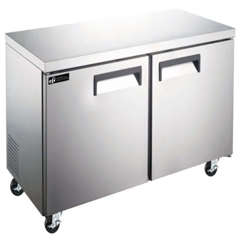 36-inch commercial undercounter refrigerator with stainless steel design and wheels for easy mobility.