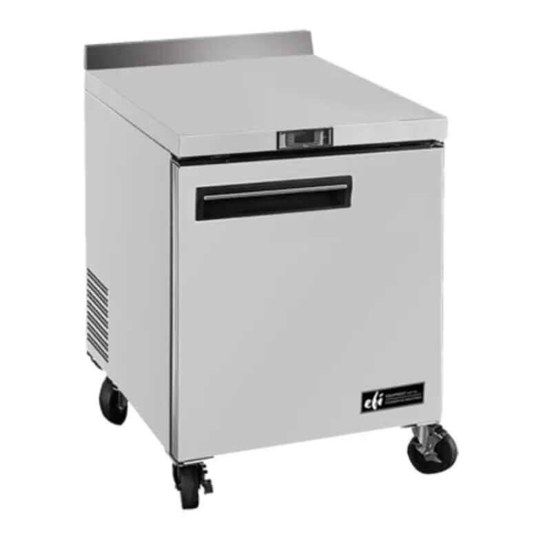 EFI CWDR1-27VC-L Commercial Stainless Steel Work Top Refrigerator with wheels and stainless steel finish.