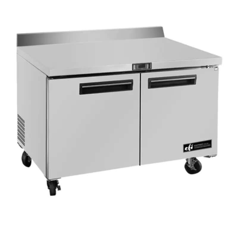 EFI CWDR2-36VC stainless steel worktop refrigerator with two solid doors and work surface.