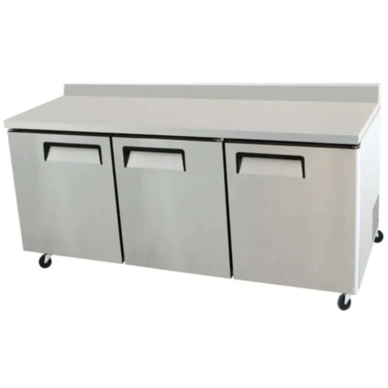 EFI CWDR3-72VC commercial work top refrigerator with three storage compartments and wheels.
