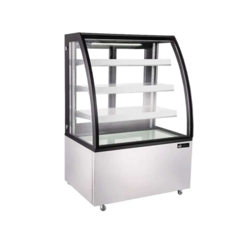 EFI Display CGCM-3756 refrigerated curved glass display case with LED lighting, perfect for showcasing pastries and other food items.