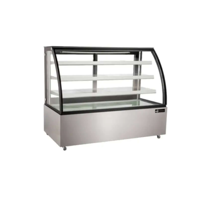EFI Display CGCM-7356 Refrigerated Curved Glass Bakery Display Case with LED Lighting showcased elegantly.
