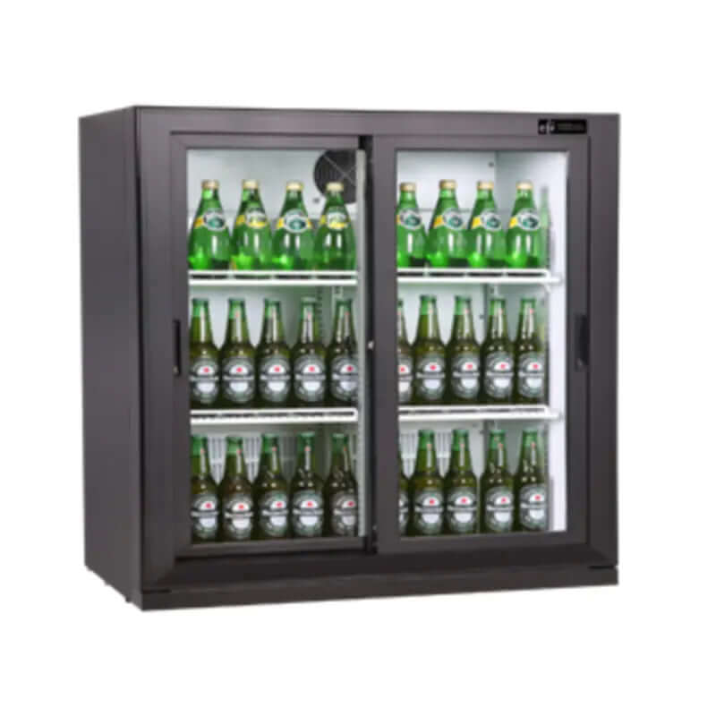 EFI Versa Chill C2S-3640-CT sliding glass door commercial cooler with beverages displayed.