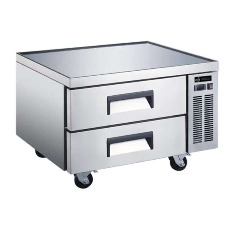 EFI Versa Chill X-LINE CCB-36VCX 36-Inch stainless steel refrigerated chef base with two drawers and a flat worktop.