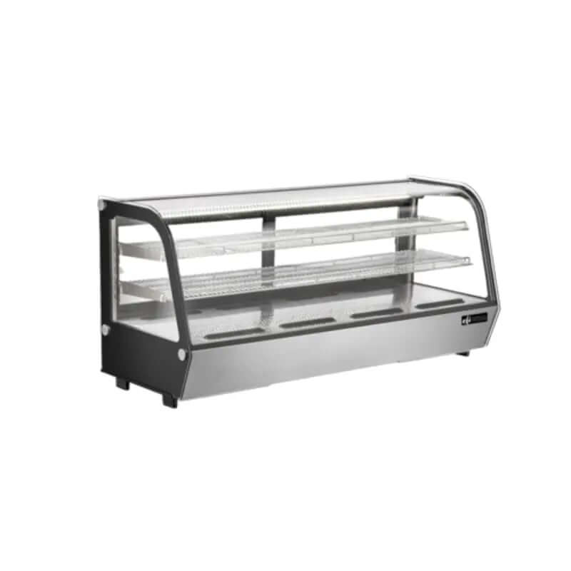 Curved glass refrigerated display case showcasing cakes and pastries in a stylish countertop design.