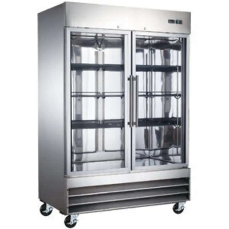 EFI X-LINE 54 inch glass two door commercial cooler with stainless steel finish and transparent glass doors.