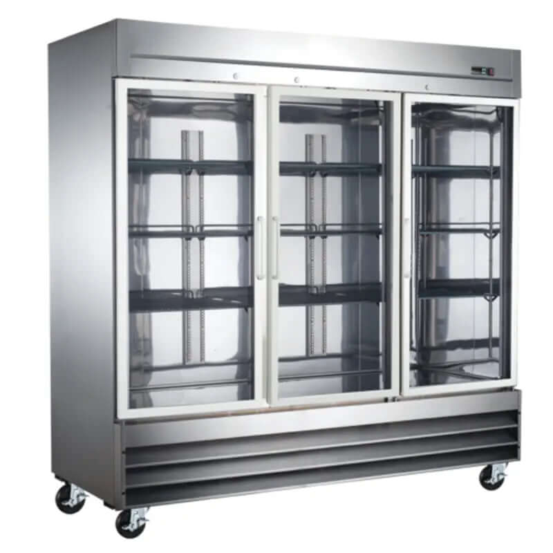EFI X-LINE 82" Glass 3 Door Stainless Steel Commercial Glass Door Cooler showcasing sleek design and energy efficiency.